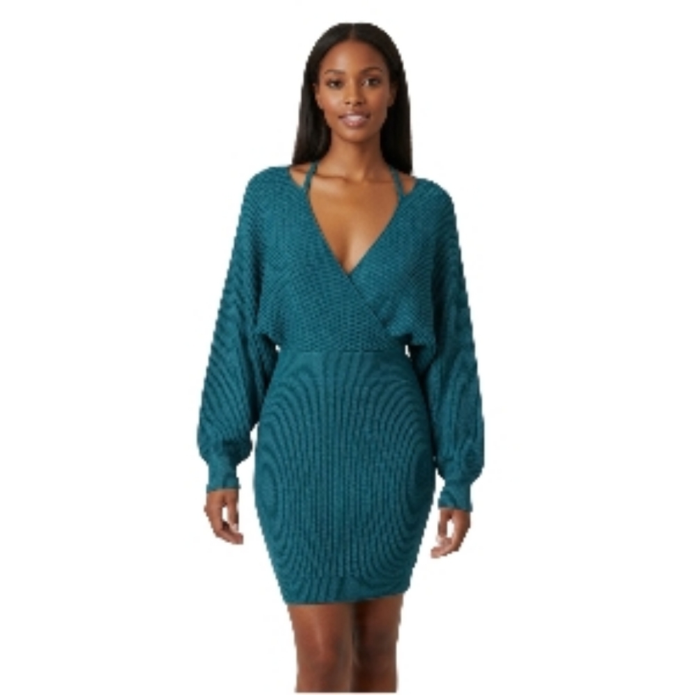 SHEIN Teal Ribbed Knit Sweater Dress L V-Neck Open Back Dolman Sleeve Trendy